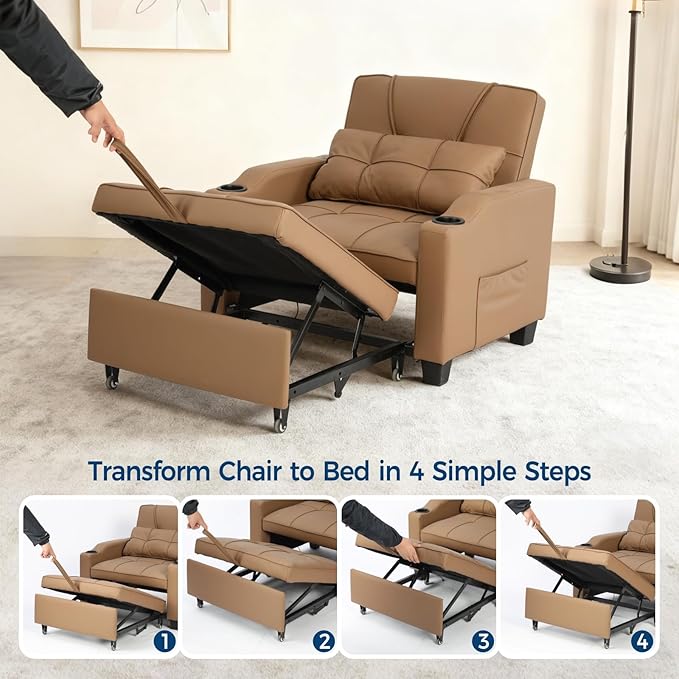 Sleeper Chair Pull Out Bed 4 in 1 Convertible Sofa Chair Bed with Vibration Massage Lumbar Pillow Single Sofa Recliner with USB/Type-C Port Cup Holders and Side Pocket for Small Spaces (Brown)