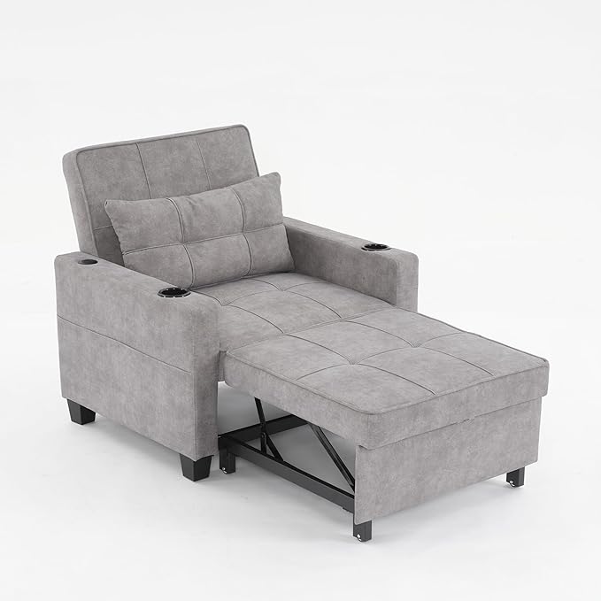 Sleeper Chair Bed Convertible Chair Bed Pull Out Chair Beds with USB Charging &amp Cupholders Adjustable Backrest Leather Futon Chair Bed for Living Room Bedroom (Light Grey(Cloth))