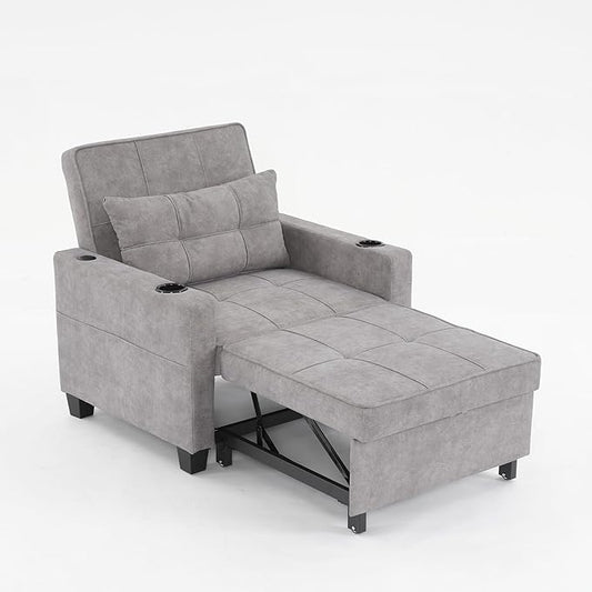 Sleeper Chair Bed Convertible Chair Bed Pull Out Chair Beds with USB Charging &amp Cupholders Adjustable Backrest Leather Futon Chair Bed for Living Room Bedroom (Light Grey(Cloth))