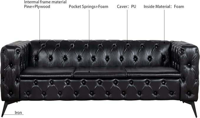 84.06 Upholstered Chesterfield Couch Modern 3 Seater Sofa with Tufted Back and Square Arms Wood Leg Nailhead Sofa for Living Room/Office/Apartment/Small Space Black