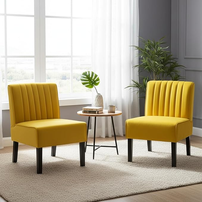 Reese Mid Century Modern Accent Chairs Set of 2 with Minimalist Design Elegant Velvet Upholstery and Solid Wood Legs Ideal for Living Room or Bedroom Yellow