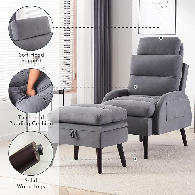Accent Chair with Ottoman Comfy Reading Chair and Ottoman Set Modern Oversized Velvet Lounge Armchair with Adjustable Backrest for Living Room Bedroom Velvet Dark Grey