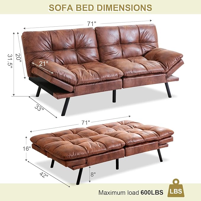MUUEGM Convertible Futon Sofa Bed Memory Foam Futons Couch Bed 71 Adjustable Backrests and Armrests Sleeper Sofa Modern Love Seat Couch Bed for Living Room Small Space Office Dark Brown