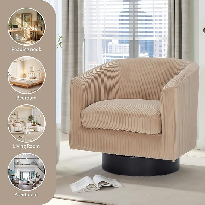 Swivel Accent Chair 360°Swivel Barrel Chair Comfy Upholstered Corduroy Club Armchair for Living Room Reading Room Bedroom (Light Brown)