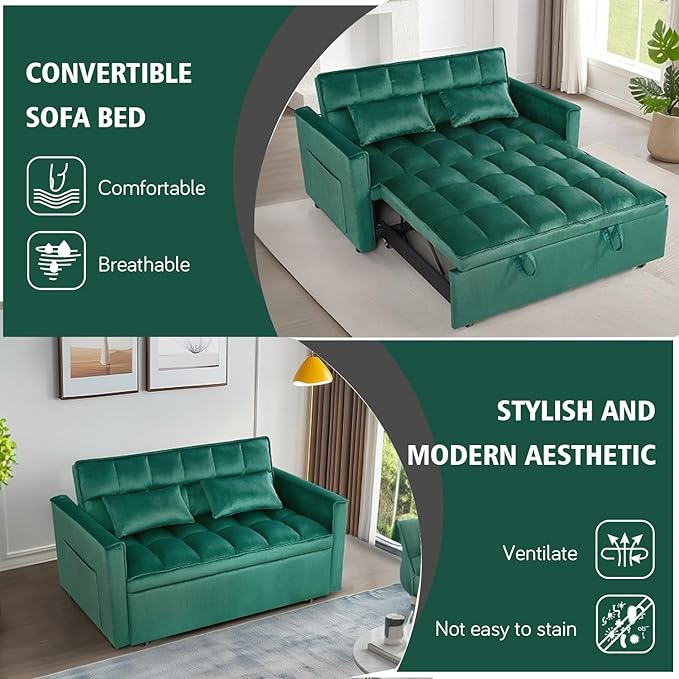 3 in 1 Convertible Sleeper Sofa Bed 54'' Full Size Velvet Pull Out Futon Couch Recliner with Reclining Backrest &amp 2 Pillows Small Loveseat Lounge Couches for Small Spaces (Dark Green)