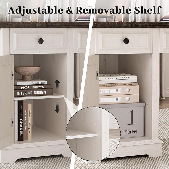 Vipbear 59 Farmhouse Executive Desk with Drawers Wood Home Office Computer Desk Featuring Lockable File Drawer Storage Cabinet &amp Power Outlet Storage Cabinet for Work Study Writing (White)