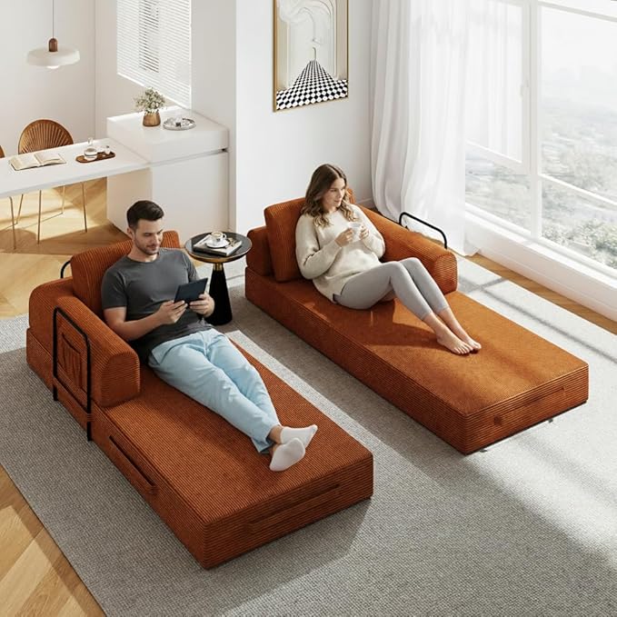 Convertible Sofa Bed 5-in-1 Pull-Out Futon Boneless Couch for Living Room &amp Guest Room Corduroy Sleeper Sofa with Steel Support Brackets 78.7 3-Seater with 2 Pillows (Orange)