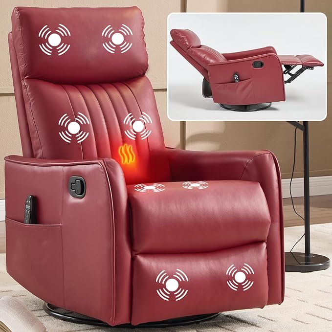 Massage Recliner Chair with Heat Slim Recliners for for Adults Swivel Rocking Chair Recliner with High Back Small Recliner Chair for Small Spaces Living Room Adjustable Footrest (Wine Red)