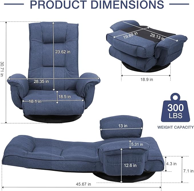 Linen Fabric Ergonomic Gaming Chair 6-Position Reclining Sofa Bed with Lumbar Support Foldable Floor Lounger with Thick Cushion Armrests &amp Side Pockets for Esports Reading Napping (Blue)