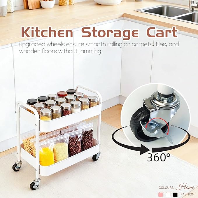 2 Tier Metal Rolling Cart with Wheels for Under Desk Storage &amp Pantry Storage High Load-Bearing Kitchen Utility Cart for Small Space Laundry Room Organization Side Table with 4 Hooks White
