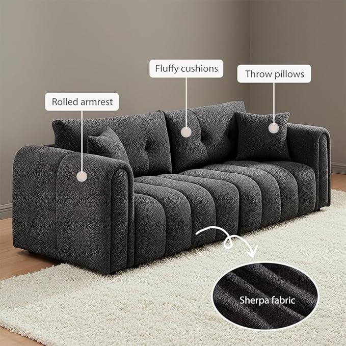 91.5 W Cloud Boucle Sofa for Living Room Modern Comfy Boucle Couch with Rolled Arms and Soft Pillows Teddy Oversized Loveseat for Apartment Studio Bedroom Dark Grey