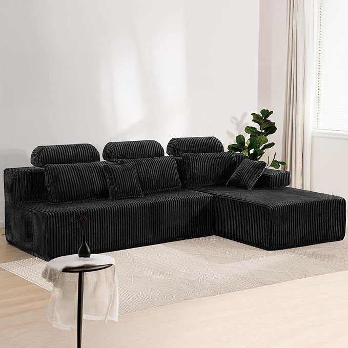 106’’ Sectional Couch with High Backrest L-Shape Modular Sectional Sofa Convertible Left or Right Chaise Cloud Corduroy Boneless Couches Comfortable for Living Room(Black)