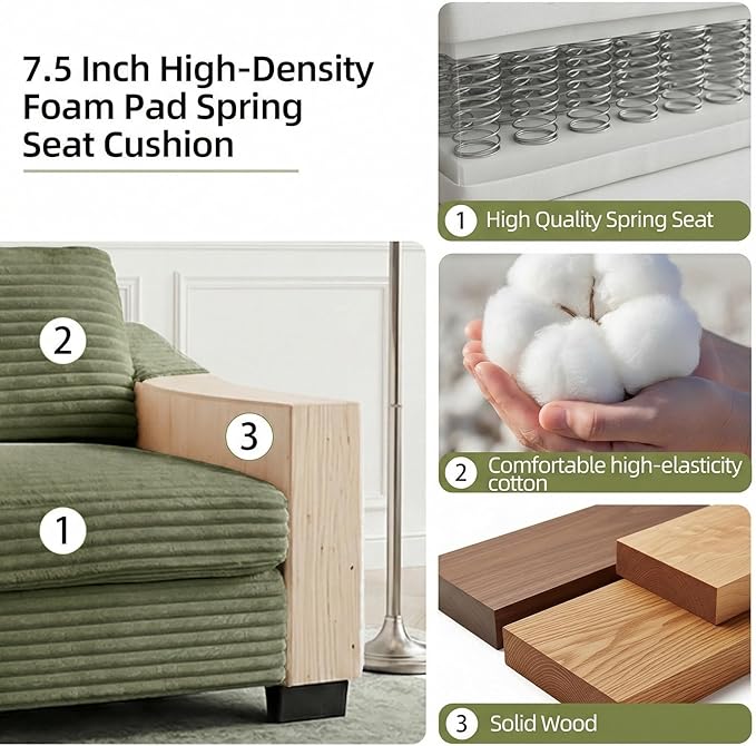 46.1''W Oversized Accent Chair Modern Single Armchair with USB Charger &amp Storage Pocket Comfy Reading Chair Tufted Corduroy Fabric for Living Room Bedroom Apartment Office (Green)