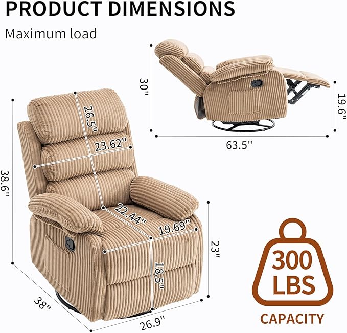 Velvet Upholstered Glider Recliner Chair – 360° Swivel Rocker Chair for Adults Small Rocking Chair for Small Spaces Soft Fabric Recliner Chair with Side Pockets Comfortable Nursery ChairBrwon