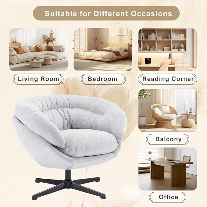 Modern Chenille Office Chair 360° Swivel Club Chair/Accent Chair with Removable Cushion Round Office Chair Black Metal Base Cotton Material Living Room Bedroom Reading Corner (Gray)