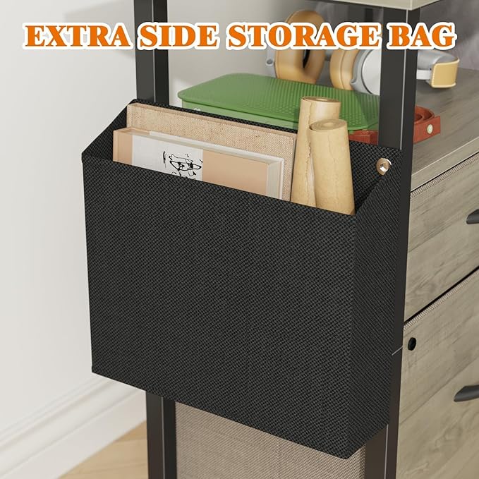 GYIIYUO 2 Drawer File Cabinet with 24'' Extended Desktop Mobile Filing Cabinet Rolling File Cabinet with Side Bag Fabric Drawer Fits A4/Letter Size Printer Stand Home Office Oak Grey