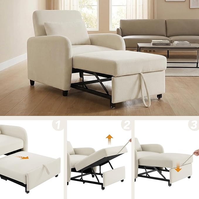 CHITA Sleeper Chair 3-in-1 Pull Out Convertible Single Sofa Bed with Adjustable Backrest Chenille Chaise Lounge Chair for Living Room Bedroom &amp Apartment Cream