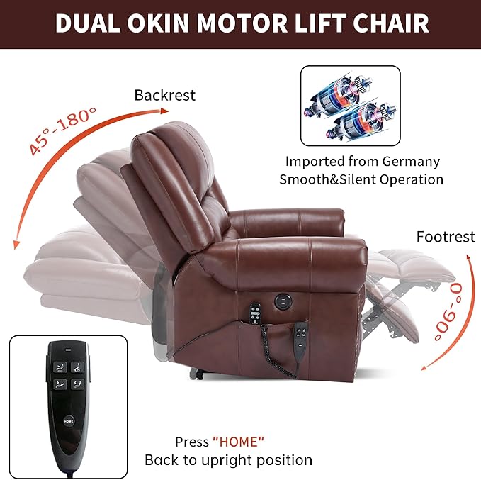 Genuine Leather Power Lift Recliner Chair Lazy Boy Recliner Chair with Charging Ports for Living Room Theater Seating Electric Single Sofa with Round Armrest Red