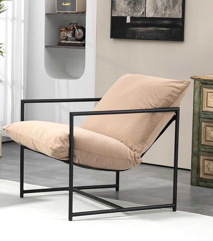 Serenity Accent Modern Velvet Arm Chair with Reclined Seat Sleek Design Durable Metal Frame Soft Upholstery and Plush Comfort for Stylish Living Room Camel