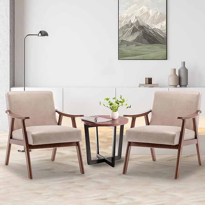 Mid Century Modern Accent Chair with Solid Wood Frame Fabric Microfiber Upholstered Armchair for Bedroom Reading Room Living Room and Lounge Light Camel