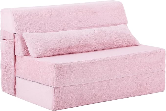 Tiita Convertible Folding Sofa Bed Twin Size for Adults with Pillow Plush Fabric Floor Mattress Couch Bed Washable Cover &amp Side Pocket Guest Room Dorm Apartment Living Room Pink