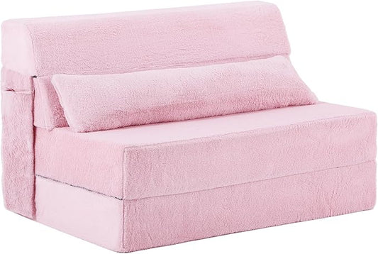 Tiita Convertible Folding Sofa Bed Twin Size for Adults with Pillow Plush Fabric Floor Mattress Couch Bed Washable Cover &amp Side Pocket Guest Room Dorm Apartment Living Room Pink