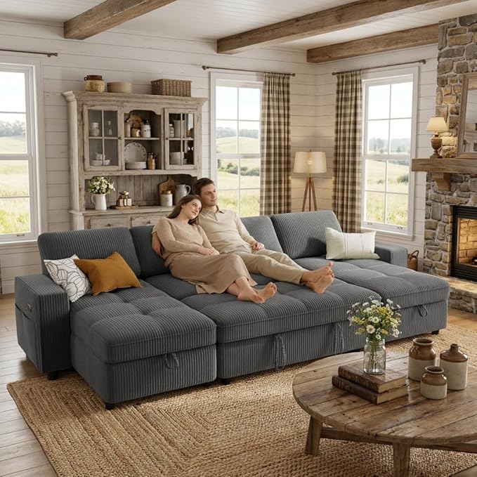 WEUP 105 Sectional Sofa with Pull Out Bed U Shaped 4 Seat Sleeper Sofa with 2 Storage Adjustable Backrest USB Ports Tool-Free Assembly Plush Corduroy Sectional Couches for Living Room Dark Grey