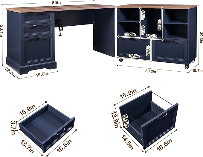60 L-Shaped Executive Desk with 40 File CabinetFarmhouse Home Office Desk with Charging StationWood Computer Desk Set for Office WorkHome Study (Blue)