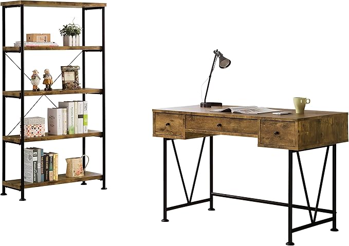 Coaster Home Furnishings - Analiese - Metal and Wood - 2-Piece Computer Desk and Bookcase Set with Three Storage Drawers Four-Shelf Bookcase - Farmhouse - Home Office - Rustic Nutmeg - 801541-S2