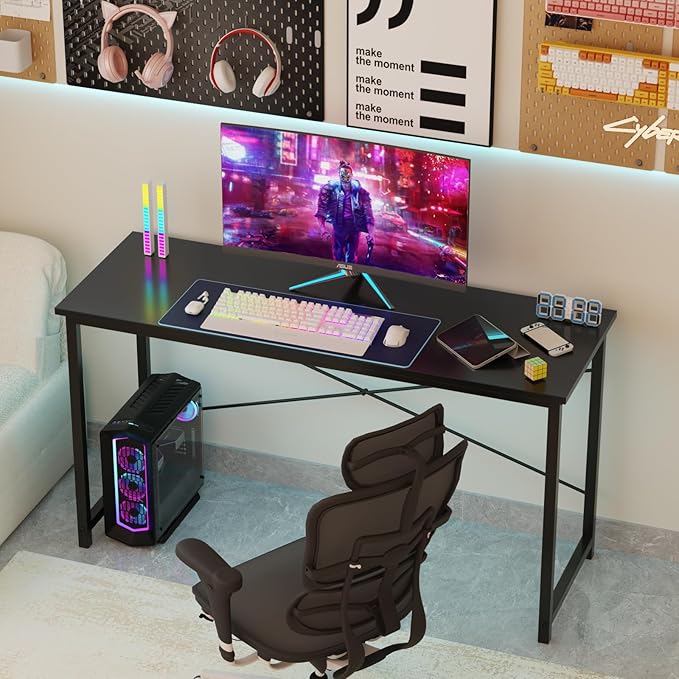 Sweetcrispy Small Computer Desk55 Inch Office Writing Work Desk with Metal Frame Wooden Tabletop Student Study Home Bedroom Table with X-Shaped Reinforcement Black