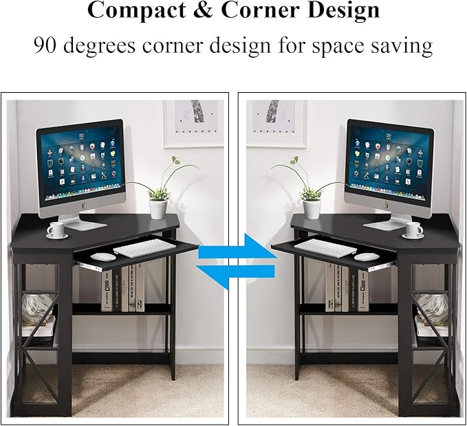 VECELO Corner Desk Computer Desk Writing Table with Smooth Keyboard Tray &amp Storage ShelvesCompact Home Office Triangle TableBlack