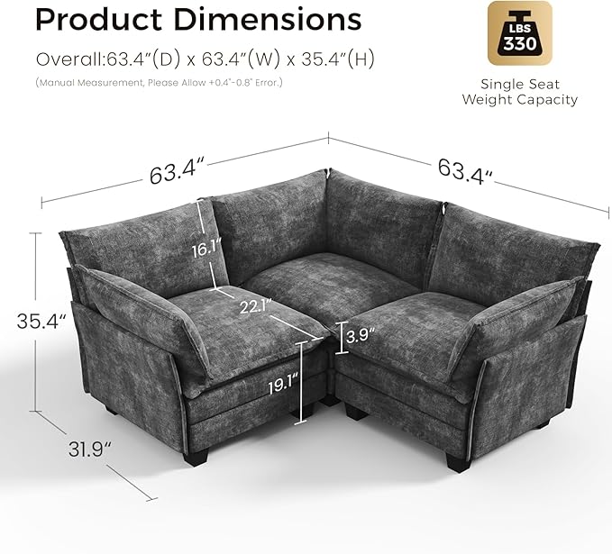 KKL Modular Sectional Sofa V-Shaped 3 Seater Cloud Couch with Ottoman Chenille Modern Sectional Couches for Living Room Apartment Grey