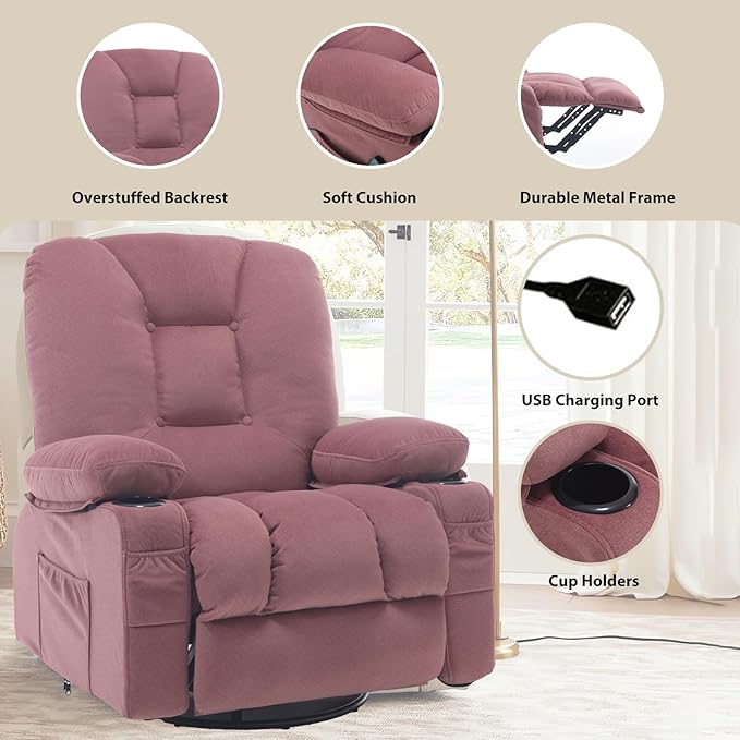 Rocker Recliner Chairs for Adults Swivel Recliners with Massage and Heat Fabric Overstuffed Glider with Cup Holder Rocking Nursery Chair Manual Reclining Single Sofa for Living RoomPink