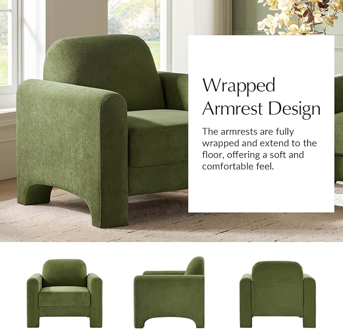 HULALA HOME Modern Curved Accent Club Chairs Set of 2 Chenille Armchair Upholstered Sofa Chairs with Wrapped Armrests Comfy Reading Armchair for Living Room Easy Assembly Olive
