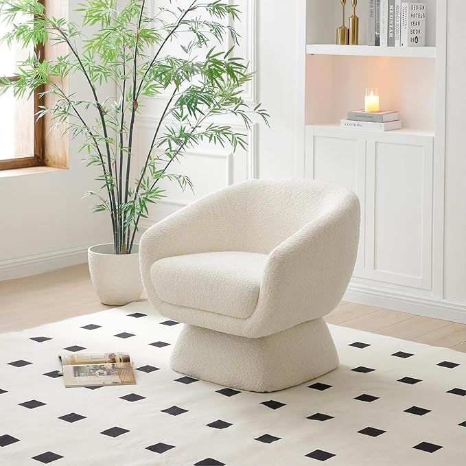 Modern Oversized 360° Boucle Swivel Barrel Chair with ArmrestsComfy Accent Lounge Chair for Living RoomBedroomApartmentSmall SpaceOffice (White)