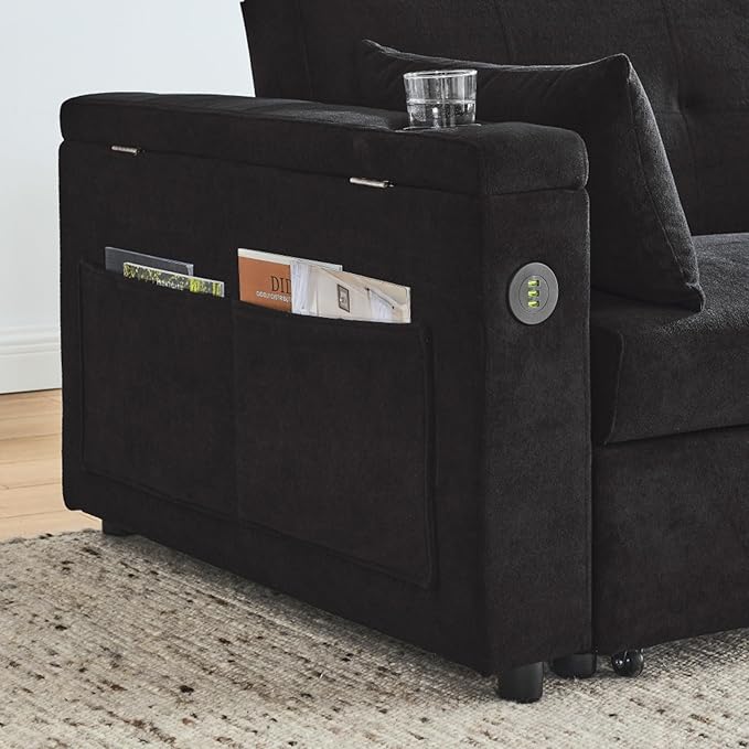 Convertible Sleeper Sofa Bed Pull-Out Recliner Couch with Adjustable Backrest Storage Armrests Side Pockets Cup Holders USB Charging Ports Chenille Loveseat for Living Room Use (Black)