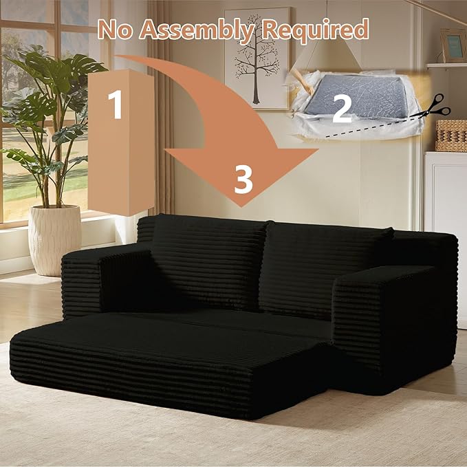2-in-1 Loveseat Sofa with Pull-Out Bed 70.87 Sleeper Sofa with Comfy Cushions Corduroy Upholstered 2-Seater Cloud Sofa for Living Room Apartment and Small Spaces No Assembly Required (Black)