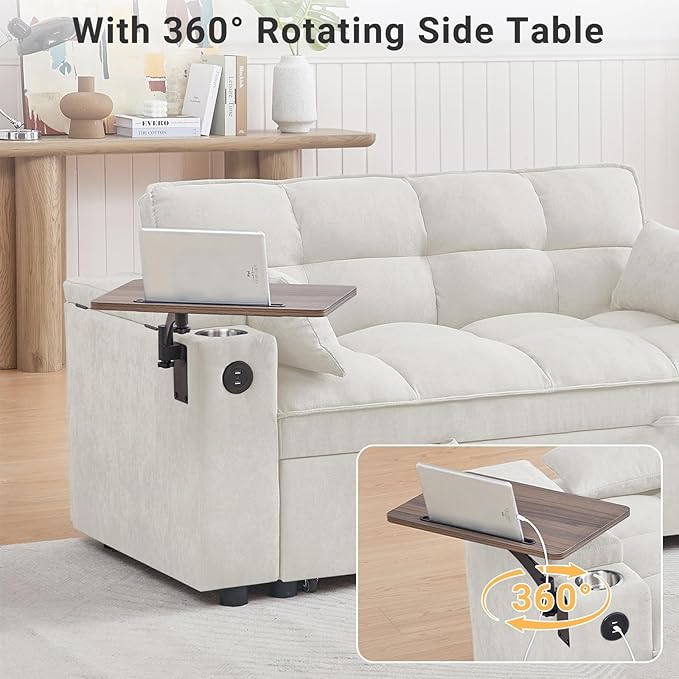 65-Inch 3-in-1 Convertible Loveseat Sleeper with Side Table Pull-Out Couch Adjustable 3-Level Backrest USB &amp Type-C Ports Chaise Lounge for Living Room White