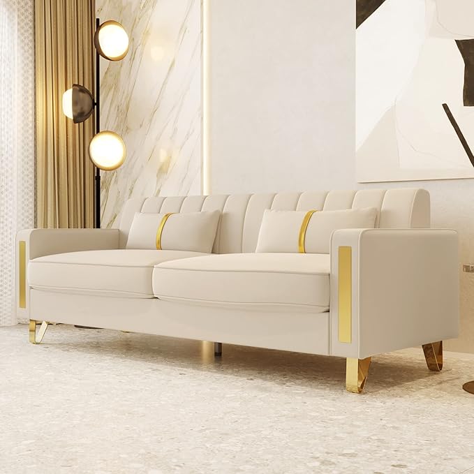85.63 Modern Velvet Sofa with Gold Metal Legs Large Upholstered Mid Century Modern Comfy 3 Seater Couches for Living Room Bedroom Office (Beige)