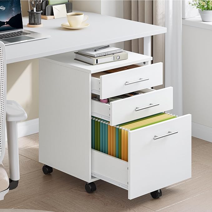 HOOBRO 3-Drawer File Cabinet Wooden Under Desk Filing Cabinet fits A4/Letter Size for Home Office Small Rolling Storage Drawer Chest Printer Stand with Drawers White WW02WJ01G1