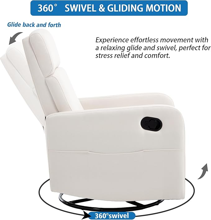 Swivel Rocking Recliner Chair for Adults Upholstered Fabric Glider Recliner Reclining Chair with Side Pockets and Double-Thick Cushion for Living Room Bedroom Nursery (Beige)