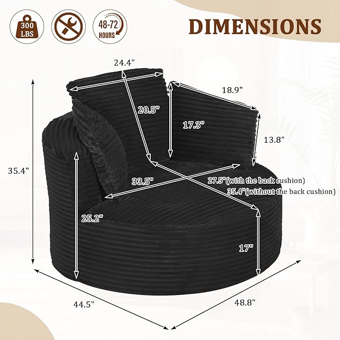 Round Chair Lounge Chaise Indoor 48.8 Oversized Sofa Chair Upholstered Corduroy Deep Seat Sleeper Sofa Bed No Assembly Required for Living Room Bedroom Apartment Black