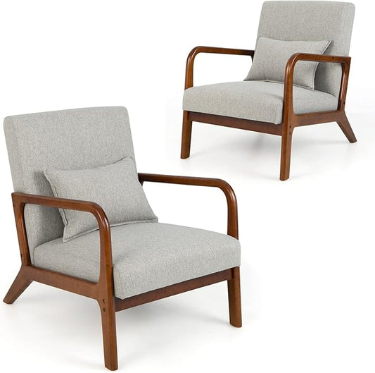 Giantex Set of 2 Modern Accent Chair with Pillow - Comfy Upholstered Lounge Armchair with Anti-Slip Felt Pads Wooden Frame Soft Padded Arm Chairs for Living Room Bedroom Study Grey