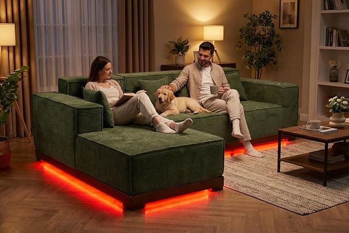 LIKIMIO 110 Inch L-Shape Sofa with LED Lights Boneless Couch with Oversized Chaise Deep Seat Built-in Holder &amp Storage Pocket Upholstered Couches for Living Room and Apartment Green