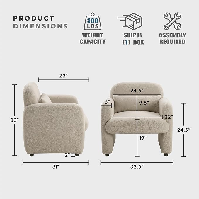 Lexicon Modern Accent Single Sofa Chair with Square Armrest Boucle Fabric Upholstered Comfy Reading Chair with Lumbar Pillow for Bedroom/Living Room/Office Taupe