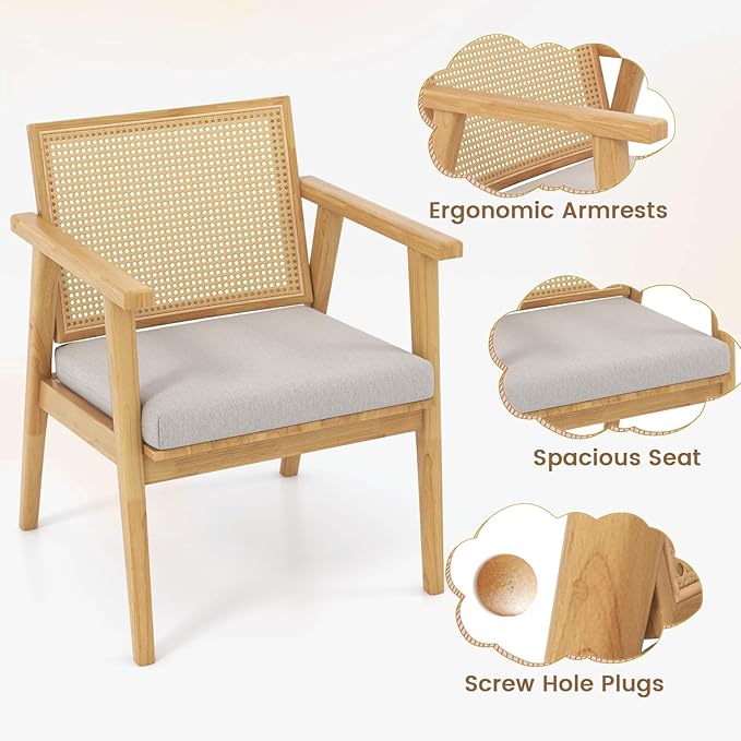 Giantex Modern Rattan Accent Chair Set of 4 Mid Century Accent Chairs w/Curved Backrest Detachable Padded Seat Cushion Solid Rubber Wood Frame Comfy Armchairs for Living Room Bedroom Natural