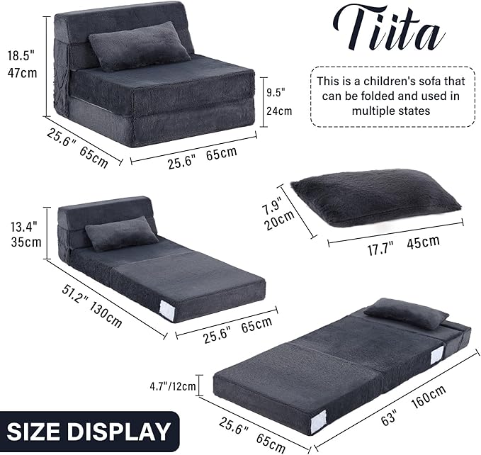 Tiita Convertible Folding Kids Sofa Bed with Pillow &amp Storage Bag Plush Fabric Floor Mattress Couch Bed Washable Cover Kids Room Playroom Dorm Apartment Navy