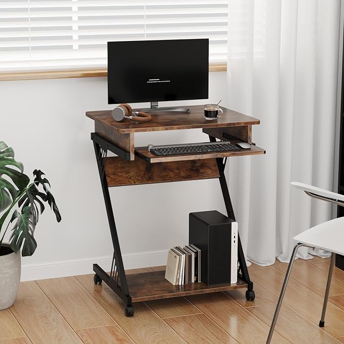 ALISENED 2 Tier Computer Desk with Keyboard Tray 23.6 Home Office Desk Computer Workstation Rolling Study PC Laptop Table for Small SpacesZ-Shaped Small Compact Study Table