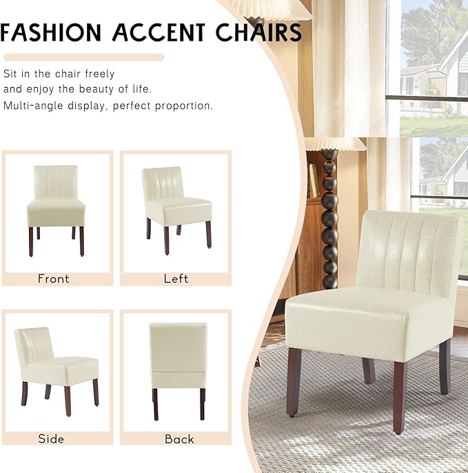 Armless Accent Chairs Upholstered Bedroom Chairs Living Room Chairs with Solid Wood Leg Leather Reading Chair for Adults Comfy Chair for Bedroom Vanity Kitchen (Beige)
