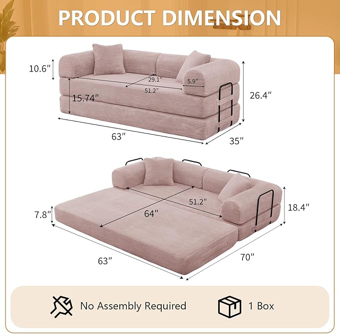 JJJ 63 inch Sofa Bed 4-in-1 Boneless Convertible Corduroy Sleeper Folding Couch with Fixed-Shape Frame and 2 Futons No Assemble Required 3 Seater Upholstered for Living Room (Pink 63 inch)